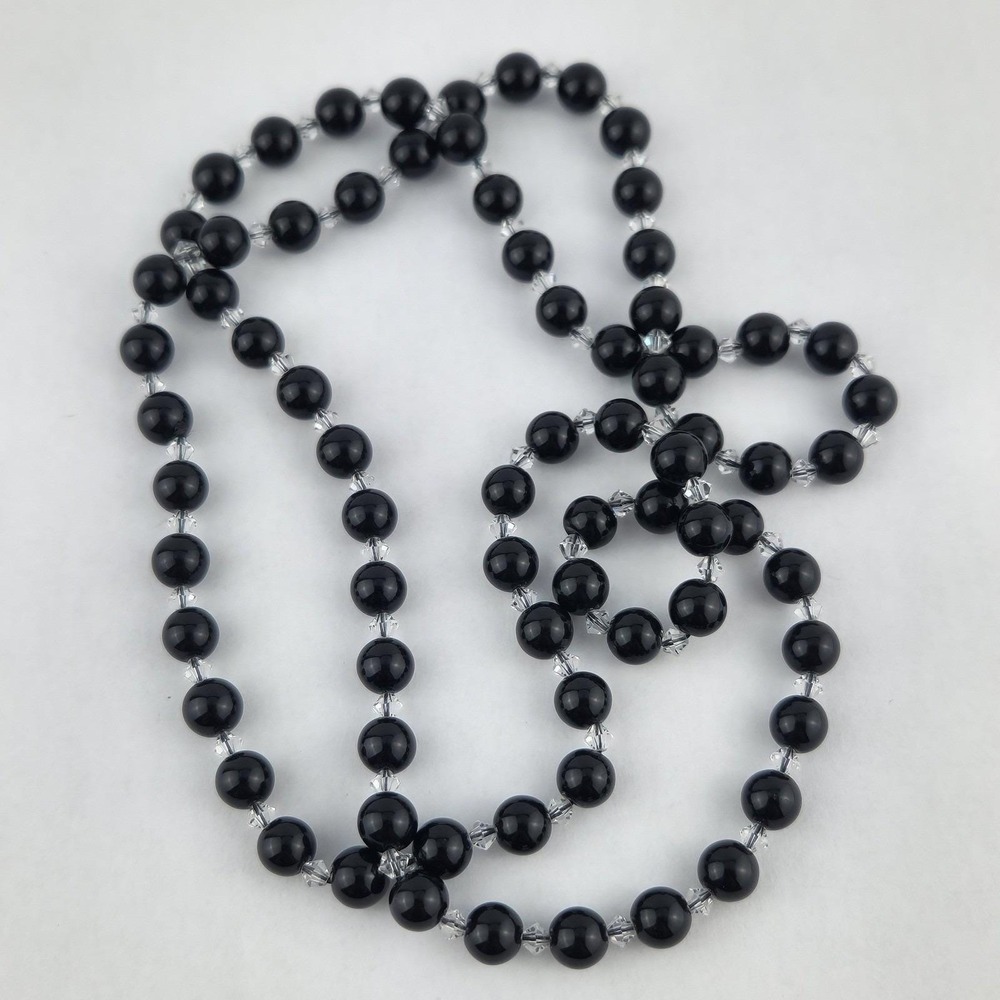 Vintage Black Bead Necklace Faceted Crystal Spacer Opera Length - Picture 4 of 9